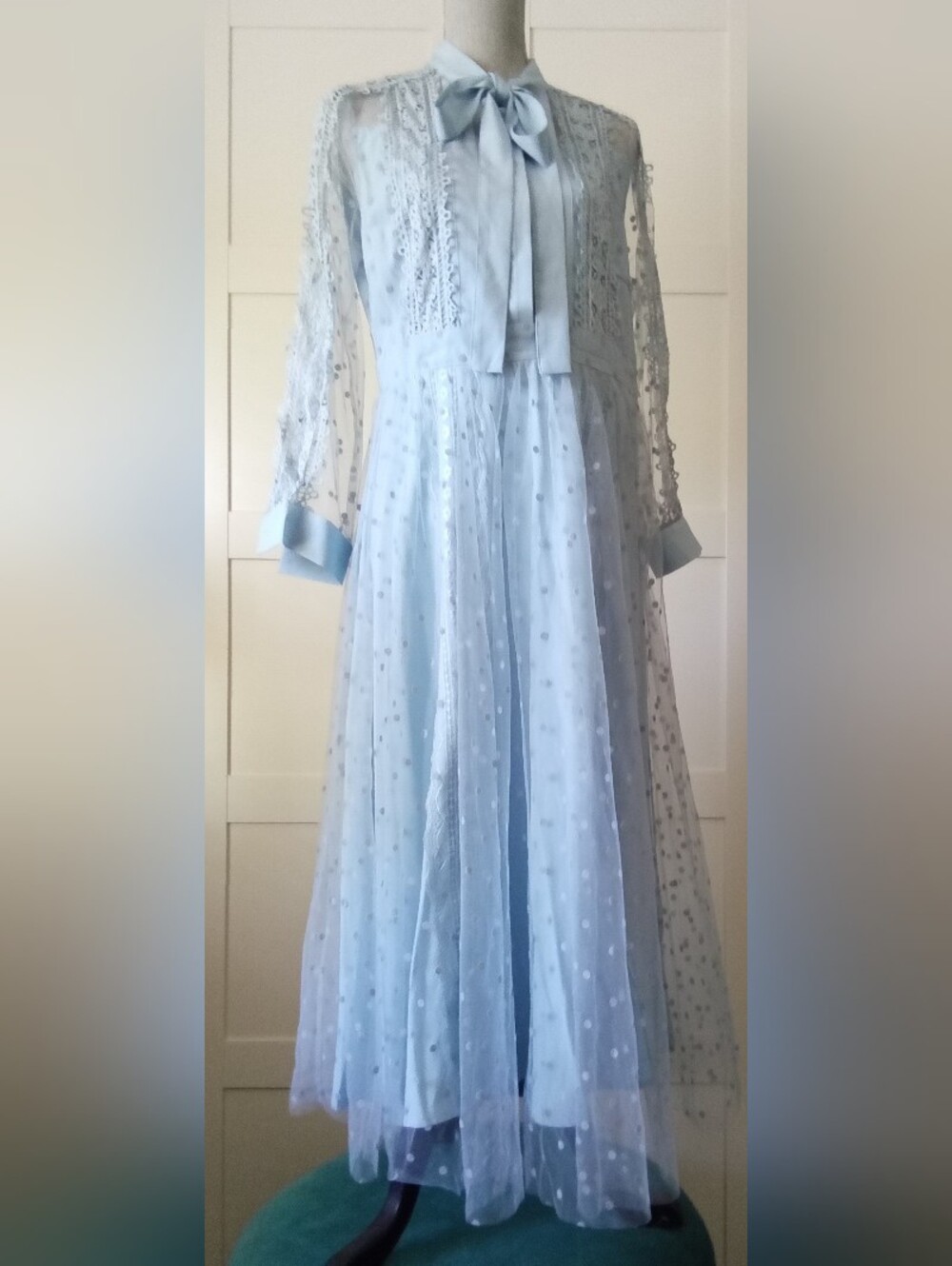 Light Blue Polka Dot Tulle Formal Dress with Bow